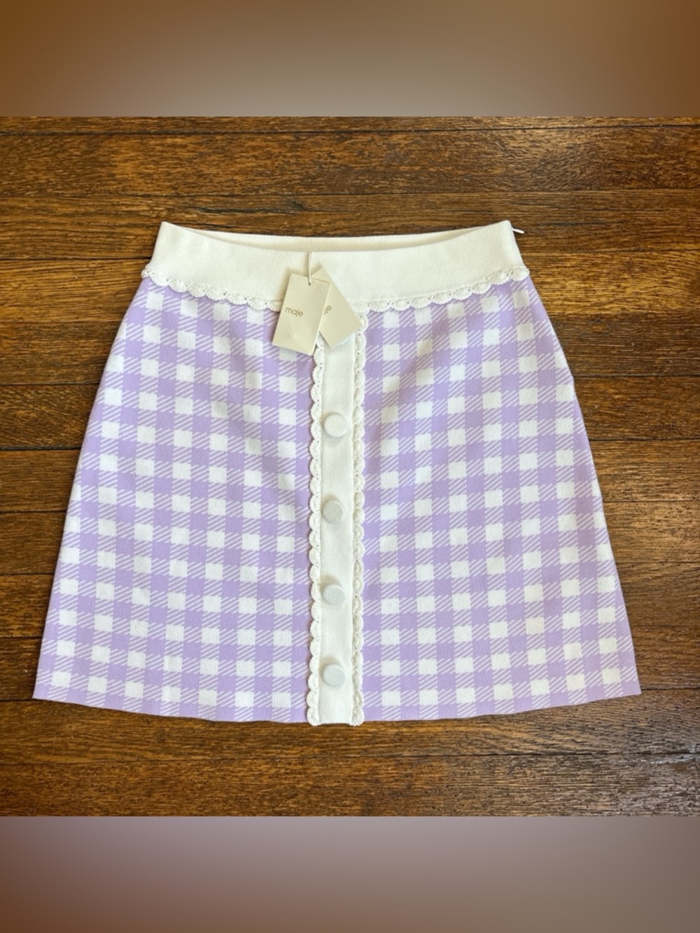 Maje Lavender Gingham Knit Mini Skirt with Ivory Trim